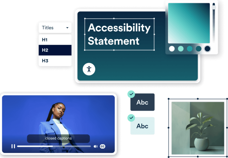 Multiple computer screens featuring different accessibility features, such as captions, and adjustable font sizing.